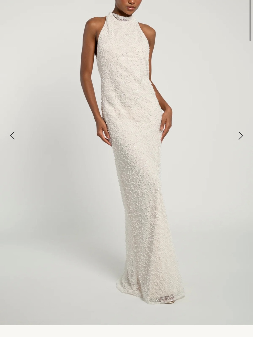 Jenny Yoo Cream Beaded Halter Maxi Gown (Ariel Pearl Net)